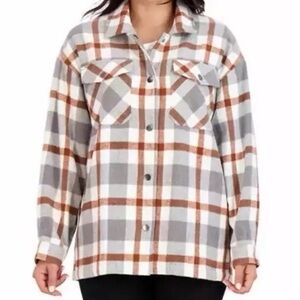 HFX White Shacket with Gray and Brown Plaid‎ Snap Front. Size Medium. NWOT.